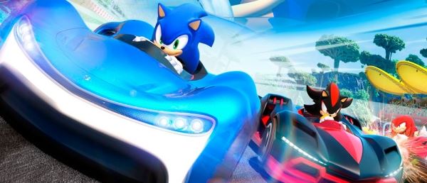  В геймплейном видео Team Sonic Racing ежик Соник зажигает асфальт во время гонки 