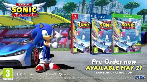  В геймплейном видео Team Sonic Racing ежик Соник зажигает асфальт во время гонки 